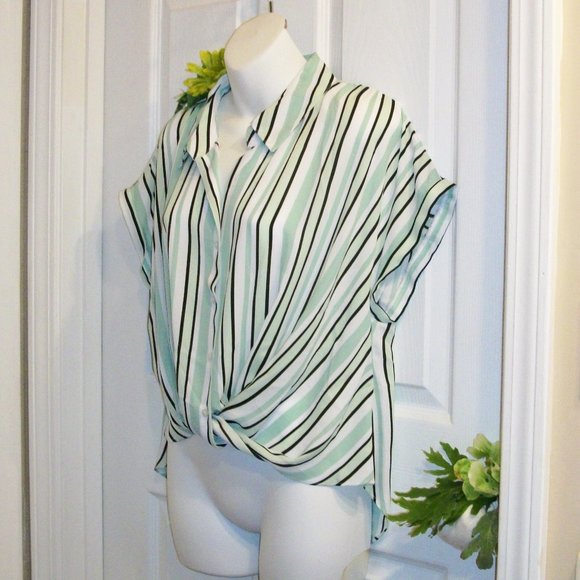 CATO Sz M NWT Button Down Shirt Hi-Lo Twist Front Green Black & White Stripes - Picture 4 of 11